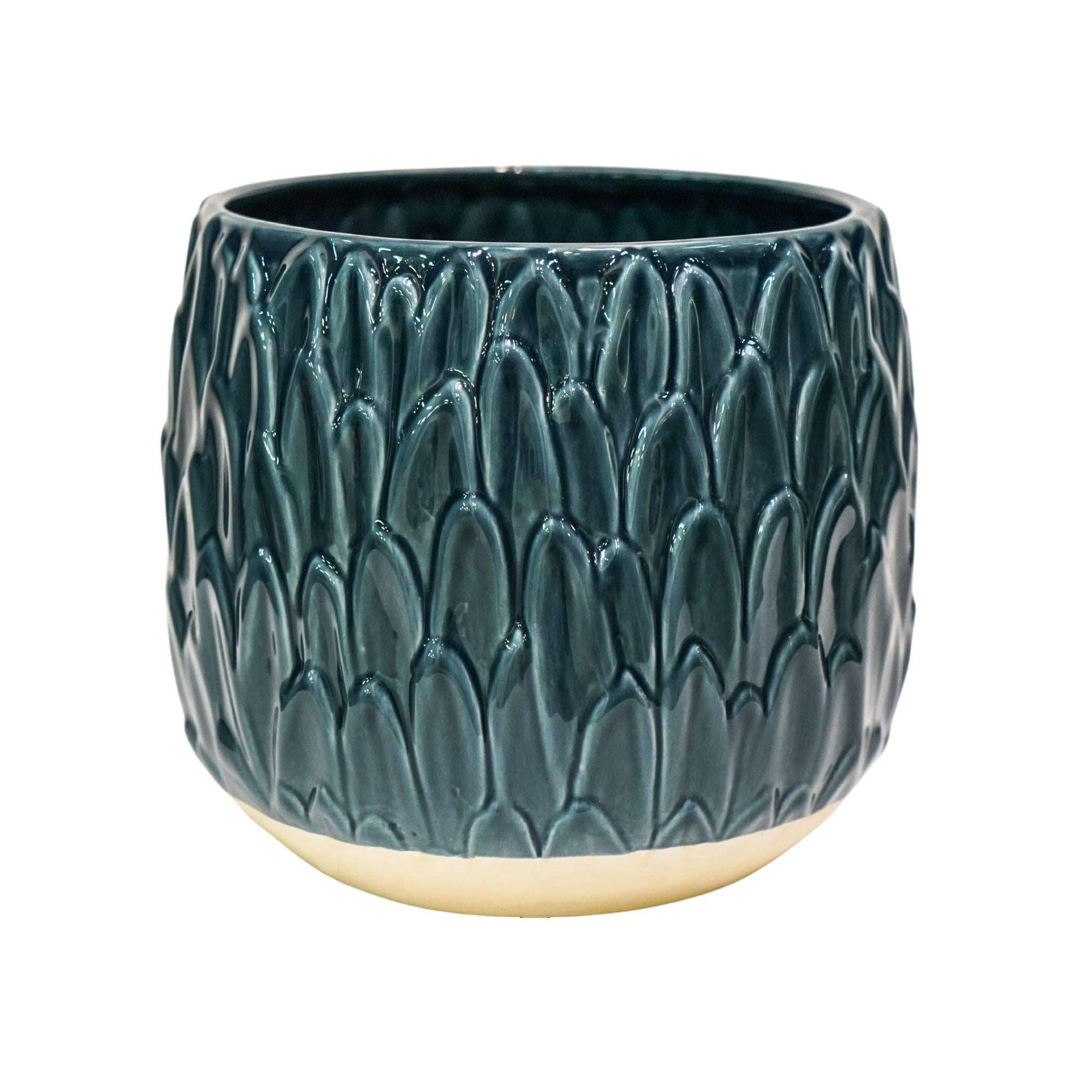 Arles Leaf Embossed Teal Planter Small