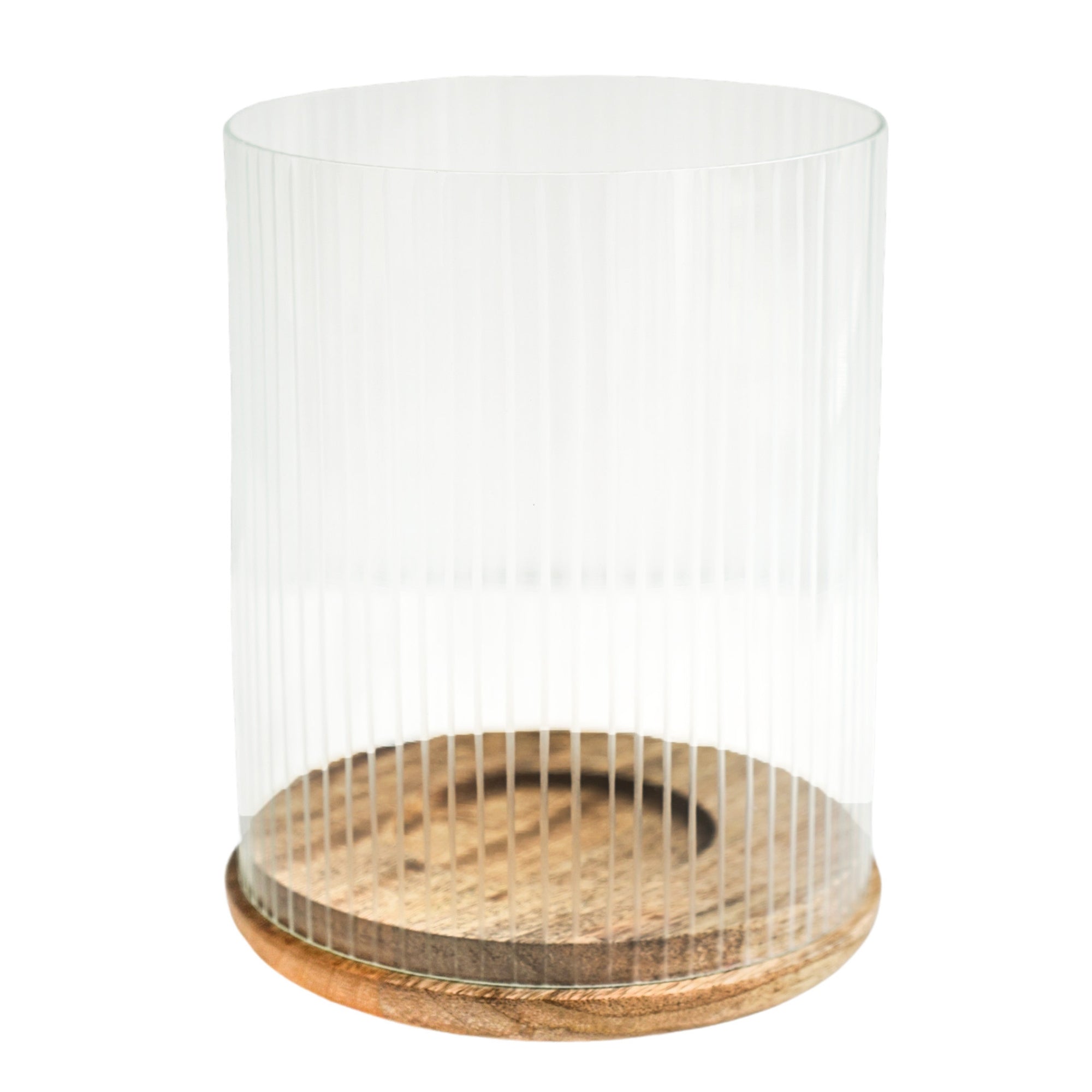 Amelia Ribbed Glass Wooden Candle Holder Large