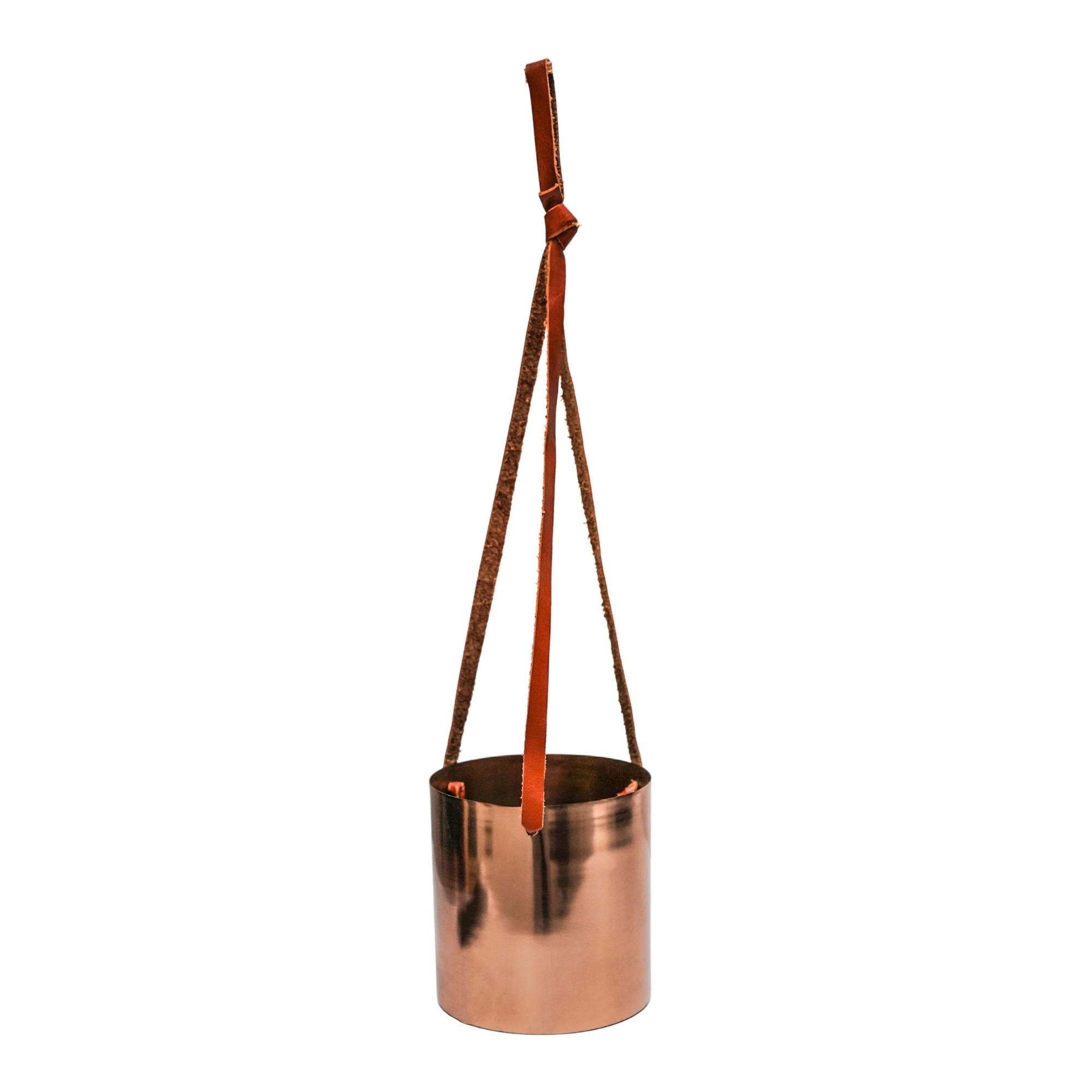 Copper Hanging Planter With Leather Strap