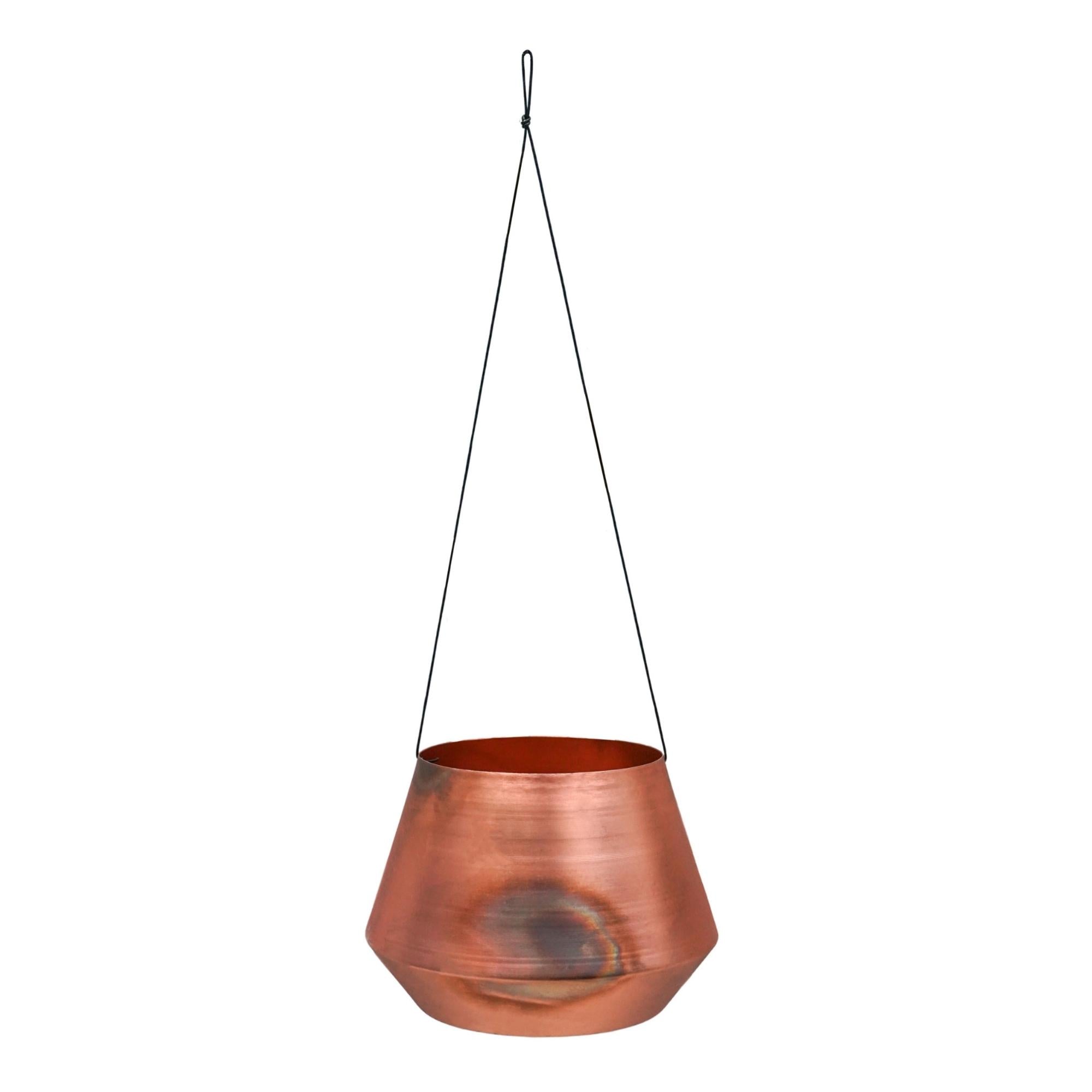 Indoor Soho Aged Copper Hanging Planter With Leather Strap Small