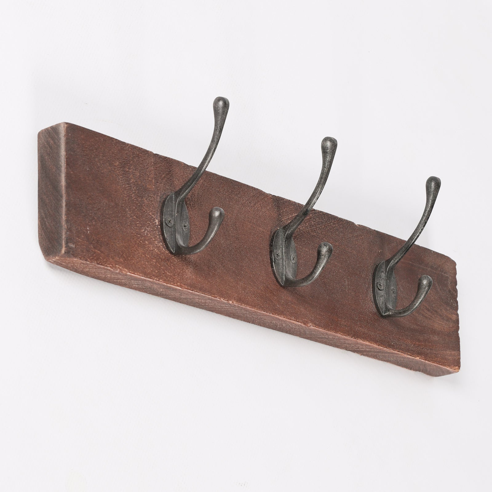 3 Hook Wooden Coat Hanger With Cast Iron Hooks Rustic Style